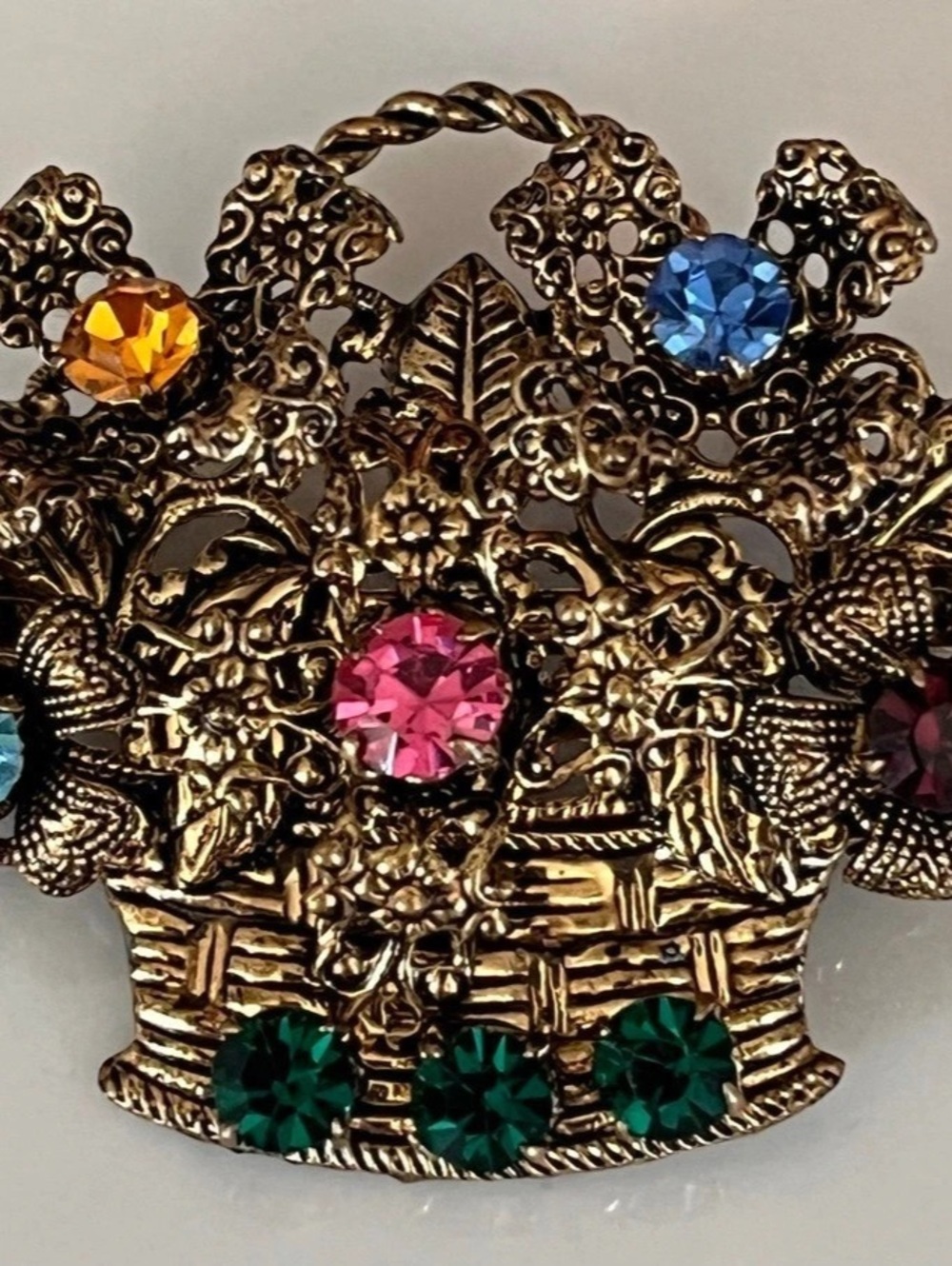 Vintage Signed Czechoslovakia Brass Filigree Rhinestone Flower Basket Brooch Pin